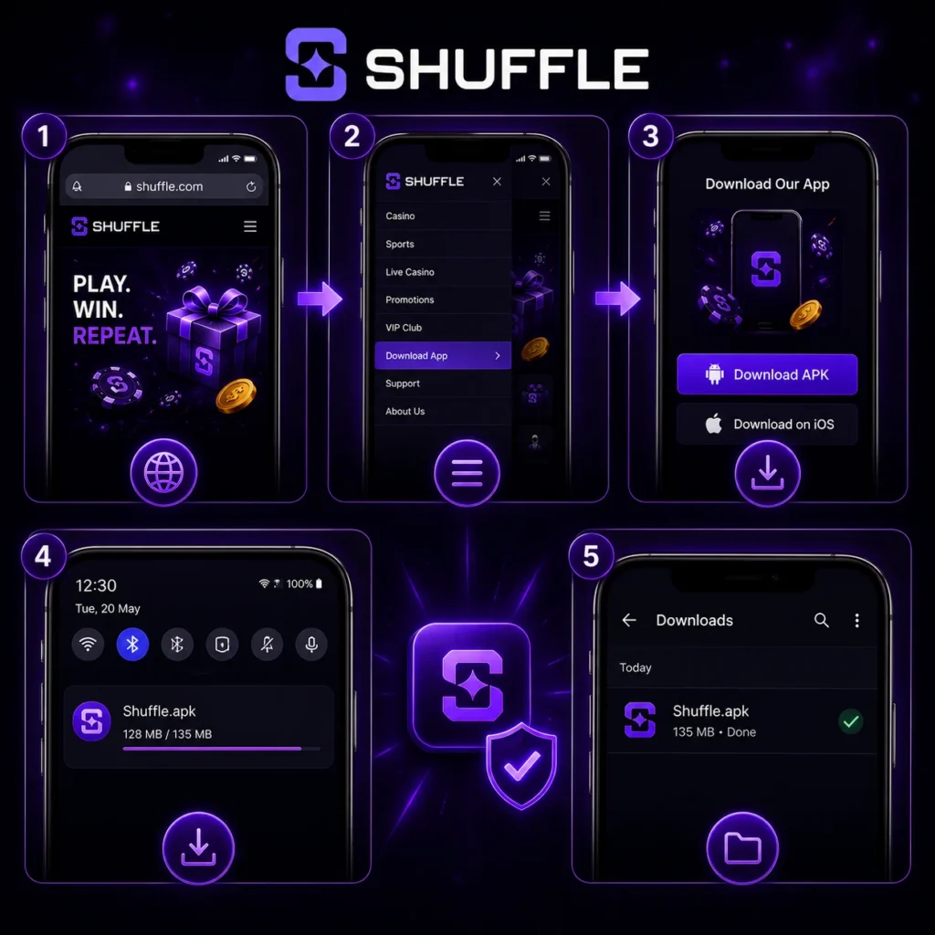 Shuffle app download guide with APK installation steps and official Shuffle logo.