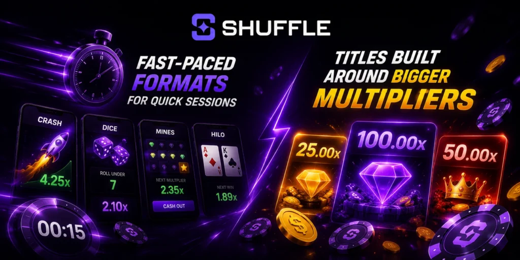 Shuffle fast-paced casino games with high multipliers and official Shuffle logo.