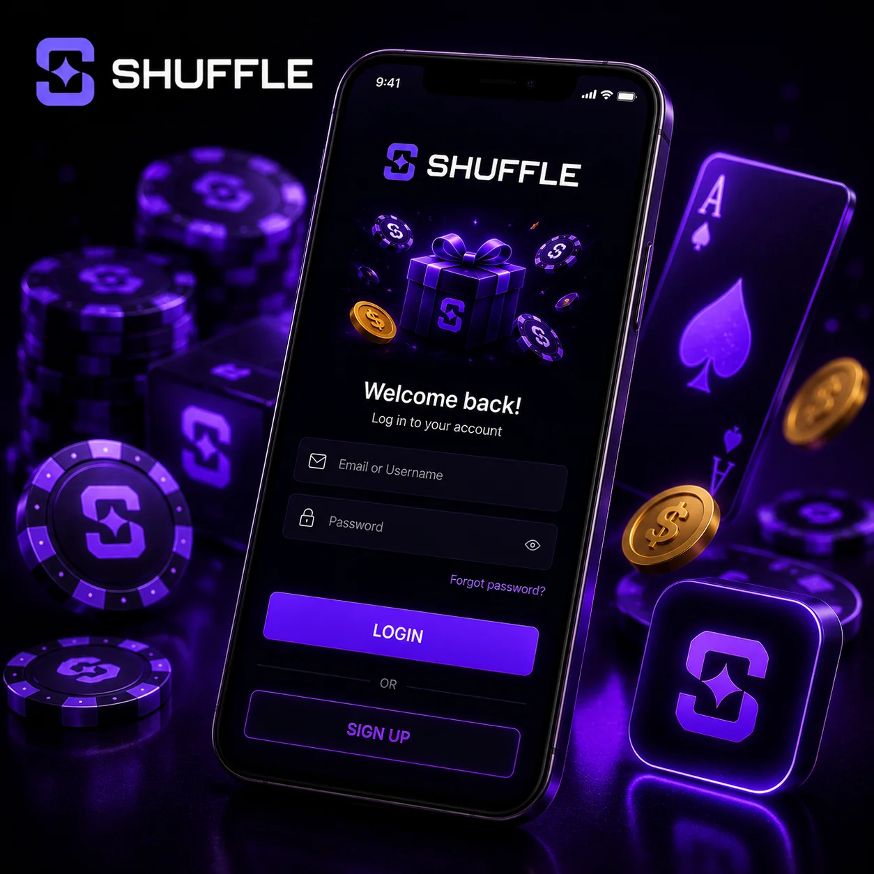 Shuffle login screen with official Shuffle logo and secure mobile access.