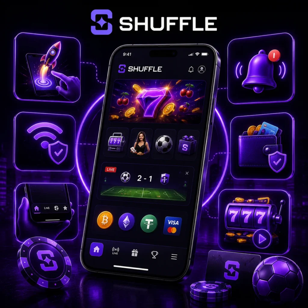 Shuffle mobile casino app with official Shuffle logo and gaming features.