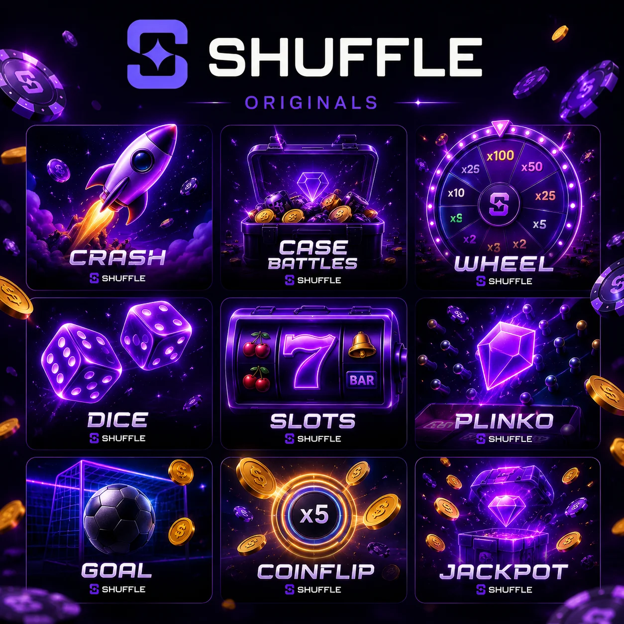 Shuffle Originals games collection with official Shuffle logo and casino icons.