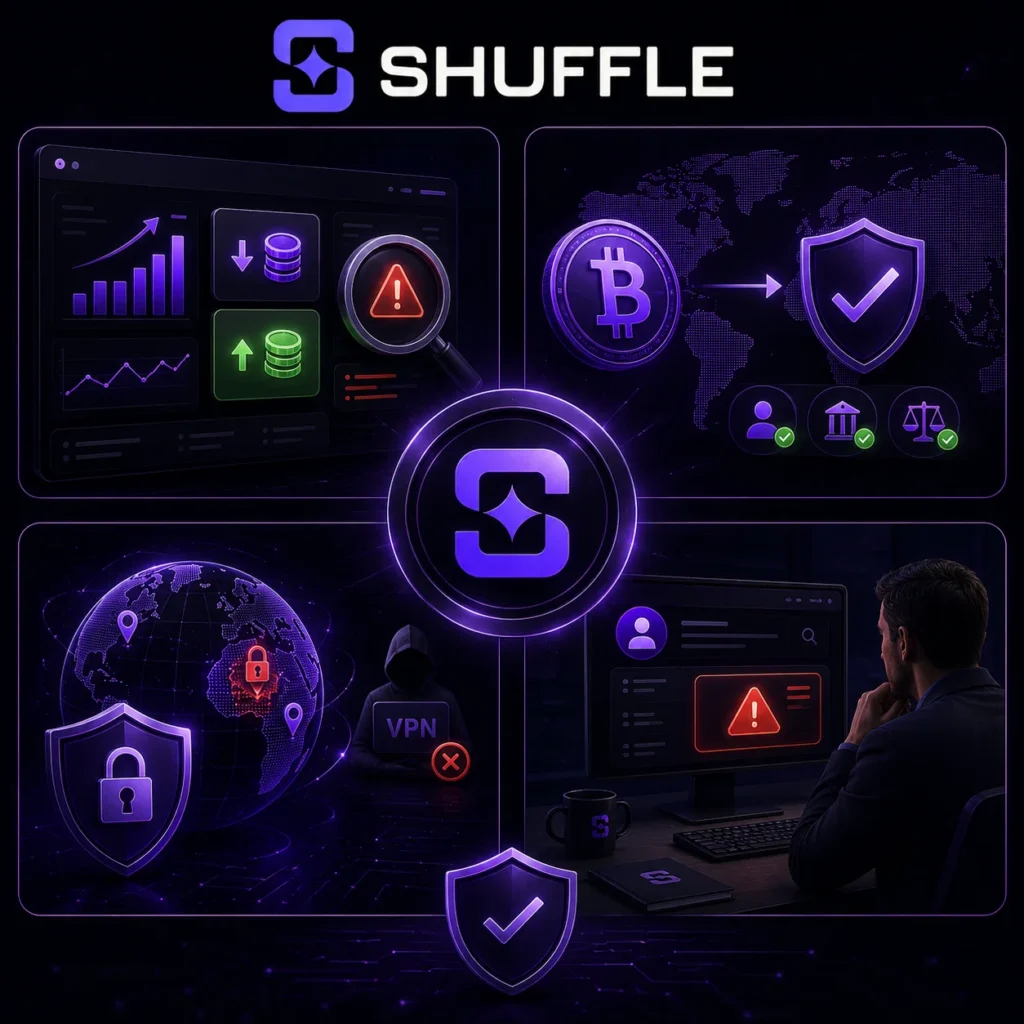 Shuffle security monitoring with fraud detection, crypto verification and official Shuffle logo.